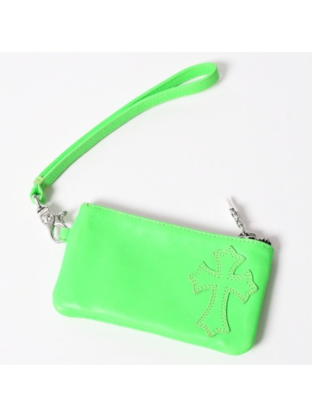 Chrome Hearts Zipper Change Purse Neon Green Leather 925 Sterling Silver Dagger